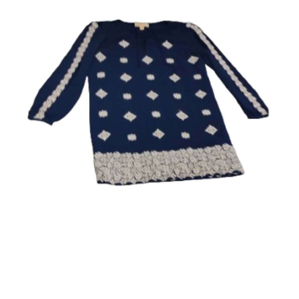 Michael Kors Women's Blue And White Embroidered Long Sleeve Mini Dress Sz M
